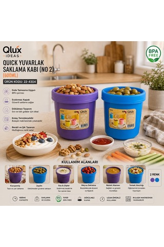Qlux L-01015 No-2 Quick Yuvarlak Saklama Kabı Ve Kase - Kapaklı Renkli 600 Ml- 12'li Paket Diğer