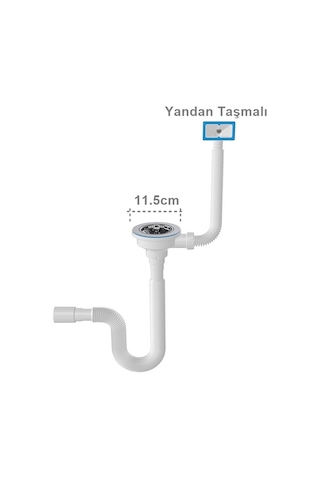 Yapıtaşı Geniş Süzgeçli Çöpmak Üniversal Yan Dik Taşmalı Körüklü Evye Sifonu