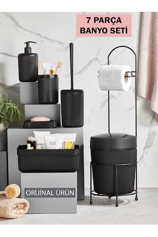 7 Parça Banyo Seti Çöp Kovalı Tuvalet Kağıtlığı Ve Fırçası - Kozmetik Kutusu - Diş Fırçalık - Katı Ve Sıvı Sabunluklar Siyah