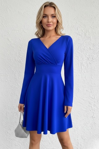 Defymoda Kadın Uzun Kollu Zarif Kloş Elbise Mavi