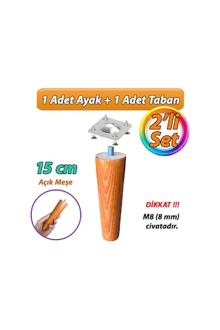 Ahşap Ayak 15 Cm 2'li Set Açık Meşe M8 Civatalı Bağlantı Aparatlı Dolap Mobilya Koltuk Kanepe Destek Ayağı Ayakları Açık Meşe
