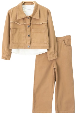 Kız Çocuk Kahverengi Gabardin Ceket Pantolon Badili Üçlü Takım