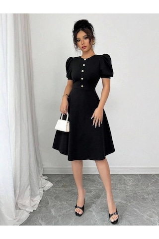 Defymoda Kadın Kısa Kollu Bisiklet Yaka Önden Düğmeli Ithal Krep Elbise Siyah