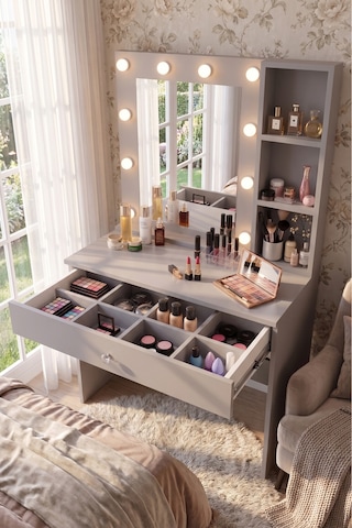 Yurudesign Monroe Makyaj Masası Çekmeceli Düzenleyici Hollywood Led Işıklı Raflı Kumsal Mo3-co