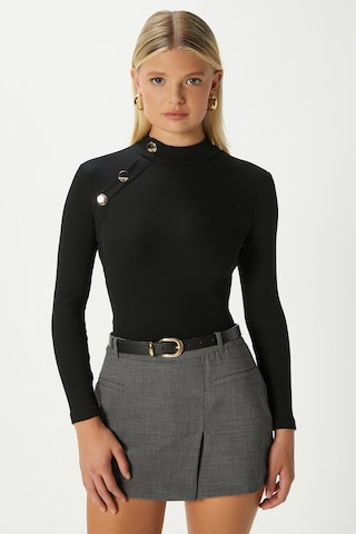 Kadın Gloria Gold Düğmeli Uzun Kollu Siyah Fitilli Pamuk Bluz Siyah