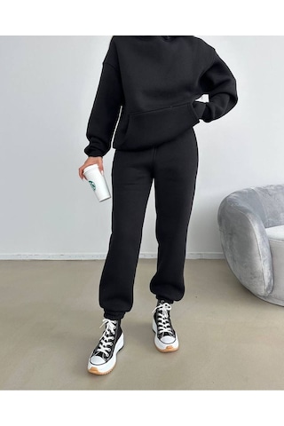 Baskısız Eşofman Takımı Sweatshirt Jogger - Siyah Oversize Şardonlu Kapüşonlu Siyah
