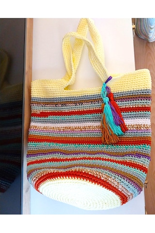 Kemzey Handmade Çizgili Büyük Kol Çantası , El Yapımı Örgü Çanta Kahverengi - Sarı