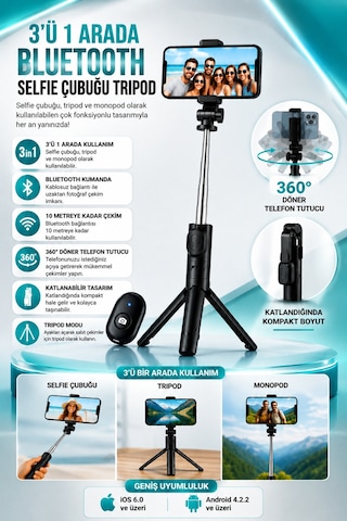 Concord 3'ü 1 Arada Bluetooth Selfie Çubuğu Tripod Kumandalı Telefon Tutucu Monopod 360 Döner Siyah