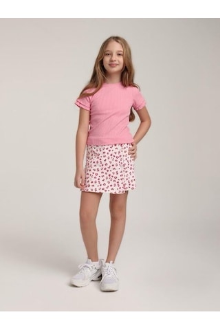Escabel Kız Çocuk Pamuklu Kolları Kısa Fırfırlı T-shirt-15611 Pembe