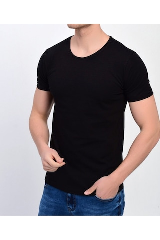 Nacar Store Erkek Siyah Bisiklet Yaka Likralı Basic T-shirt