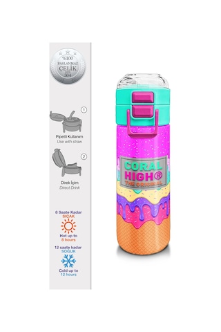 Coral High Kids Pembe Rengarenk Dondurma Desenli Pipetli Ve Direkt İçim Çelik Termos 500 Ml 31938 Pembe