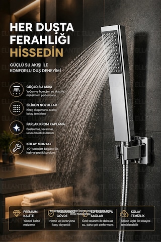 Kare El Duşu Başlığı Krom Paslanmaz Güçlü Su Akışlı Silikon Nozullu 1/2'' Universal Bağlantı Çok Renkli