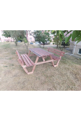 Şen Mobilya Ahşap Bahçe Masası Banklı Masa Piknik Masası P5 Maun