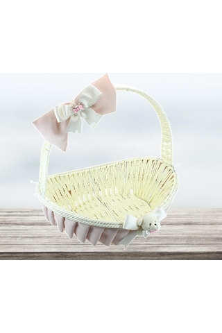 Saplı Oval Kumaş Süslü Sepet 36 Cm Orta Boy Pembe