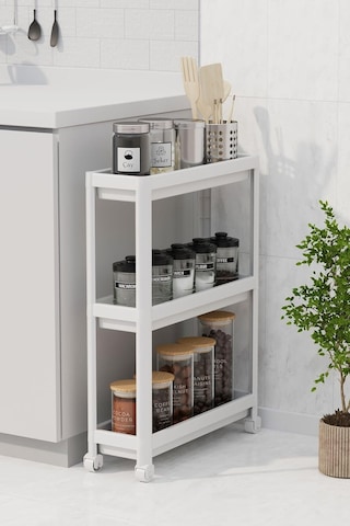 Slim 3 Katlı Tekerlekli Raf Ünitesi - Dar Alanlar İçin Mutfak & Banyo Organizer - Baharatlık & Havluluk Düzenleyic Çok Renkli