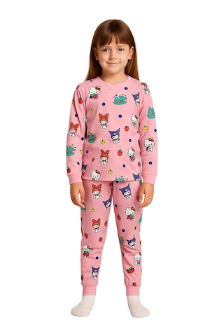 Cute Hello Kitty Ve Kuromi Desenli Kız Çocuk Pijama Takımı Pembe