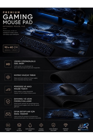Yın Yang Ejderha Baskılı 90x40 Kaymaz Taban Mousepad 90x40cm
