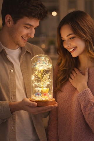LED Işıklı Güllü Cam Fanus Ayıcıklı Gece Lambası Anneler Günü Hediyesi -