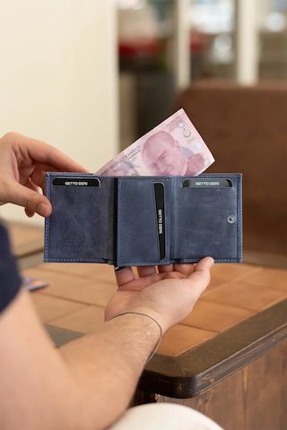 Getto Deri Prag Kişiye Özel İsim Baskılı Mekanizmalı Hakiki Deri Cüzdan Greyze Lacivert