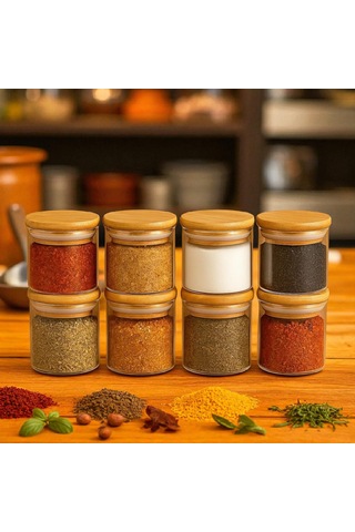 8'li 70 100mm Borosilikat Cam Baharatlık Seti - Sızdırmaz Silikonlu Bambu Kapak - 300 Ml X8 Beyaz