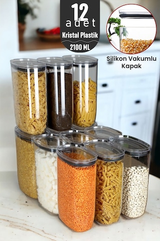 Jumbo Boy 2100 Ml Gerçek Vakumlu Silikon Kapaklı Kristal Erzak Bakliyat Saklama Kabı Seti Ba Şeffaf