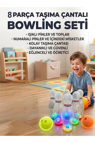 8 Parçalı Şeffaf Işıklı Ve Sesli 6'lı Labutlu 2 Toplu Taşıma Çantalı Oyuncak Bowling Seti