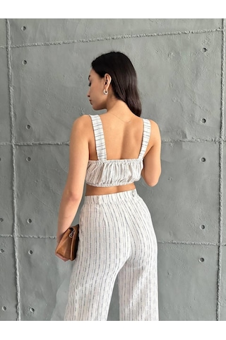 Eke Tekstil Lacivert Çizgili Crop Pantolon Keten Takım-lacivert Lacivert