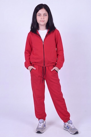 Panios Kids Kız Çocuk Dik Yaka Fermuarlı Beli Bağcıklı Lastik Paça Eşofman Takımı Kırmızı