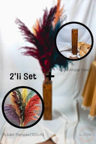 Alyones 2'li Set Dekoratif Ahşap Vazo Ve 15'li Karışık Renk Pampas