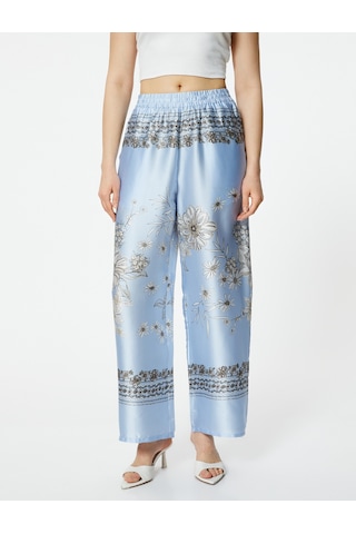 Koton Bol Paça Pantolon Çiçekli Saten Beli Lastikli Mavi Desenli 4sak40067uw Mavi