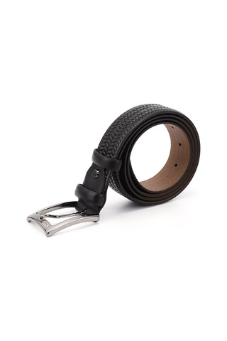 Gönderi R Siyah Hakiki Deri 3,5 Cm Örgü Desenli Klasik Kemer Siyah