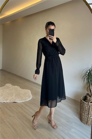 Neşeli Butik Kadın Midi Boy Kruvaze Yaka Kuşaklı Şifon Elbise Nm013 Siyah