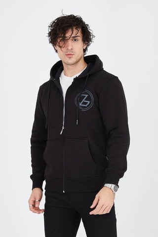 Barlashive Erkek 3 İplik Pamuklu Fermuarlı Kapüşonlu Kanguru Cepli Baskılı Hoodie Hırka Sweatshirt - Siyah Çok Renkli