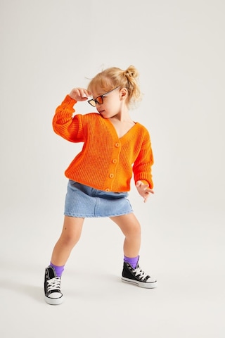 Kız Çocuk Turuncu Triko Hırka V Yaka Düğmeli + Kot - Denim Etek Kombin Turuncu