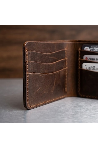 Natderi %100 Hakiki Deri Vintage Erkek Cüzdan - Kahverengi El Dikişi Klasik Model Cüzdan Taba