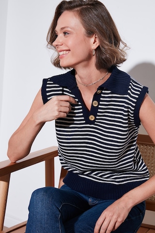 Lela Çizgili V Yaka Triko Bayan Süveter 4616171 Lacivert-Krem