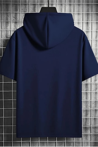 Tarz Cool Erkek Oversize Kısa Kollu Kapüşonlu Tişört Sweatshirt Lacivert