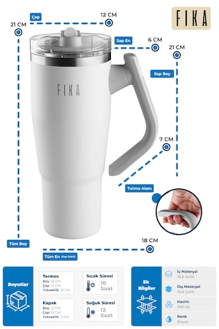 Fika Lumi Patentli Döner Kulplu Sızdırmaz Çift Ağızlıklı Çelik Termos 950 Ml Beyaz