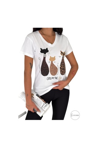 Cassime Kadın Beyaz V Yaka Kedi Leopar Pul Payet İşlemeli %100 Pamuk Tişört Büyük Beden Xl-2xl-3xl