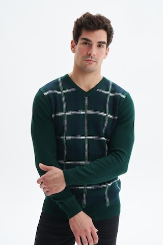 AR-MA Arma Erkek Slim Fit Likralı Akrilik Kumaş V Yaka Kareli Kazak K0kro0860 Yeşil