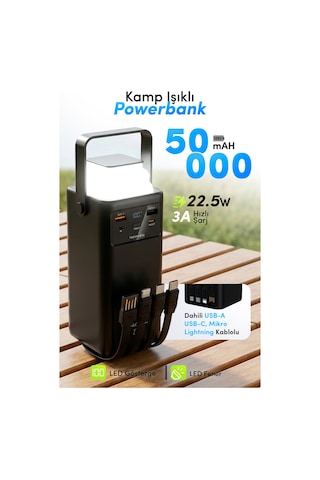 Acl Pw-113 50000mah 22.5w Hızlı Şarjlı Outdoor Powerbank Kamp Lambalı Dahili Kablolu Taşınabilir Şar Siyah