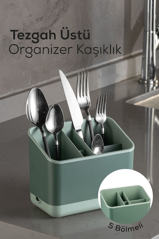 Vienev Tezgah Üstü Kaşık Düzenleyici 5 Bölmeli Organizer Kaşıklık Yeşil