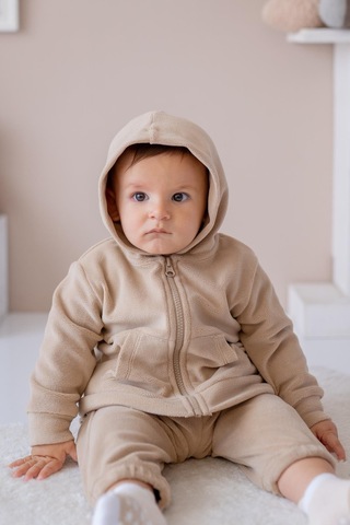 Mininio Unisex Çocuk Kapşonlu Kanguru Cepli Polar Ceket - Bej Bej