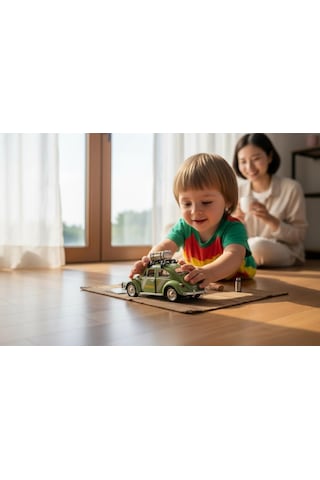 Klasik Işıklı Sesli Metal Araba - Yeşil Valizli Retro Beetle Çok Renkli