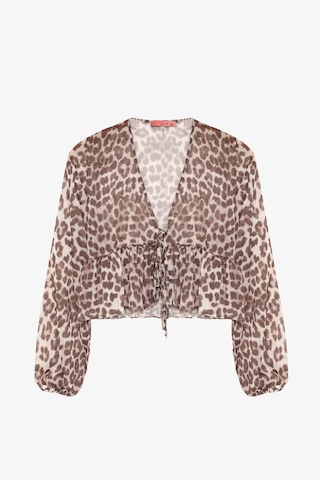 Quzu Leopar Desenli Bağcıklı Fırfırlı Tül Bej Kadın Bluz Blz00834 Bej