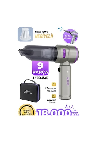 Auhma Ahv-02 Kablosuz Araç Içi Süpürge Mor 18000pa Güçlü Vakum Fırçasız Motor Üfleme & Vakum Özellikli 9 Başlık + Type 18.000 Pa