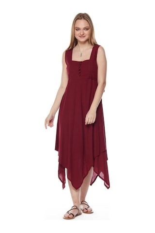 Şile Bezi Bordo Asimetrik Düğmeli Elbise Bordo