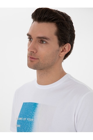 Beyaz Regular Fit Bisiklet Yaka Desenli T-shirt