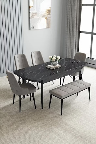 Loft Siyah Mermer 80x132 Açılabilir Mdf Masa Yemek Odası Takımı, Mutfak Takımı 4 Sandalye, 1 Bench Gri