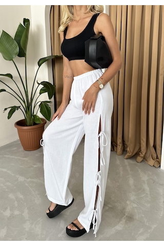 Beyaz %100 Pamuk Yan Yırtmaç Ve Bağlama Detaylı Pantolon Beyaz